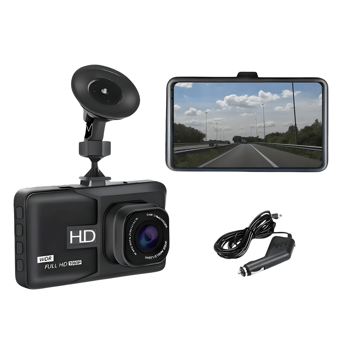 SafeVision Pro dashcam met zuignapbevestiging, groot display, 1080p Full HD opnamekwaliteit en sigarettenaanstekerkabel – ideaal voor duidelijke videobeelden tijdens het rijden.