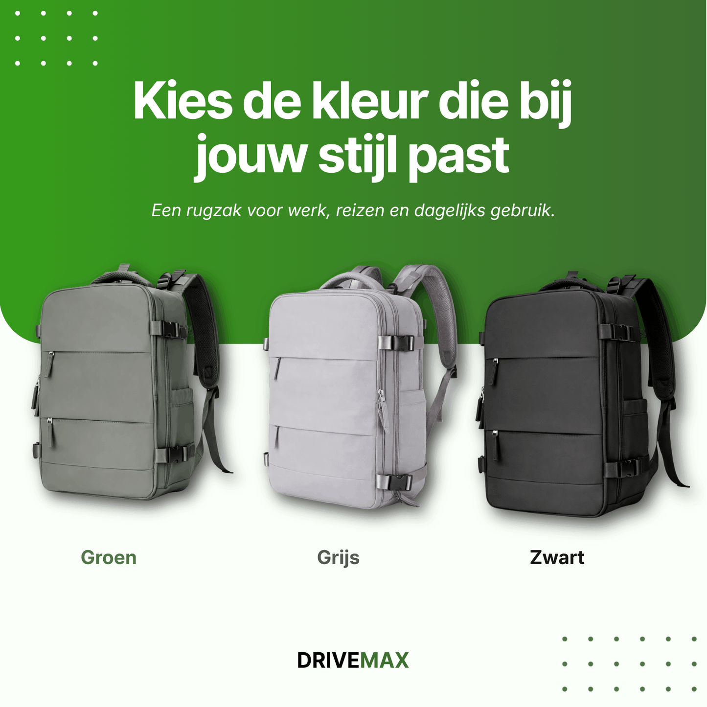 Moderne Reisetasche im Rucksackstil in drei Farben – Grün, Grau und Schwarz – für Arbeit, Reisen und Alltag.