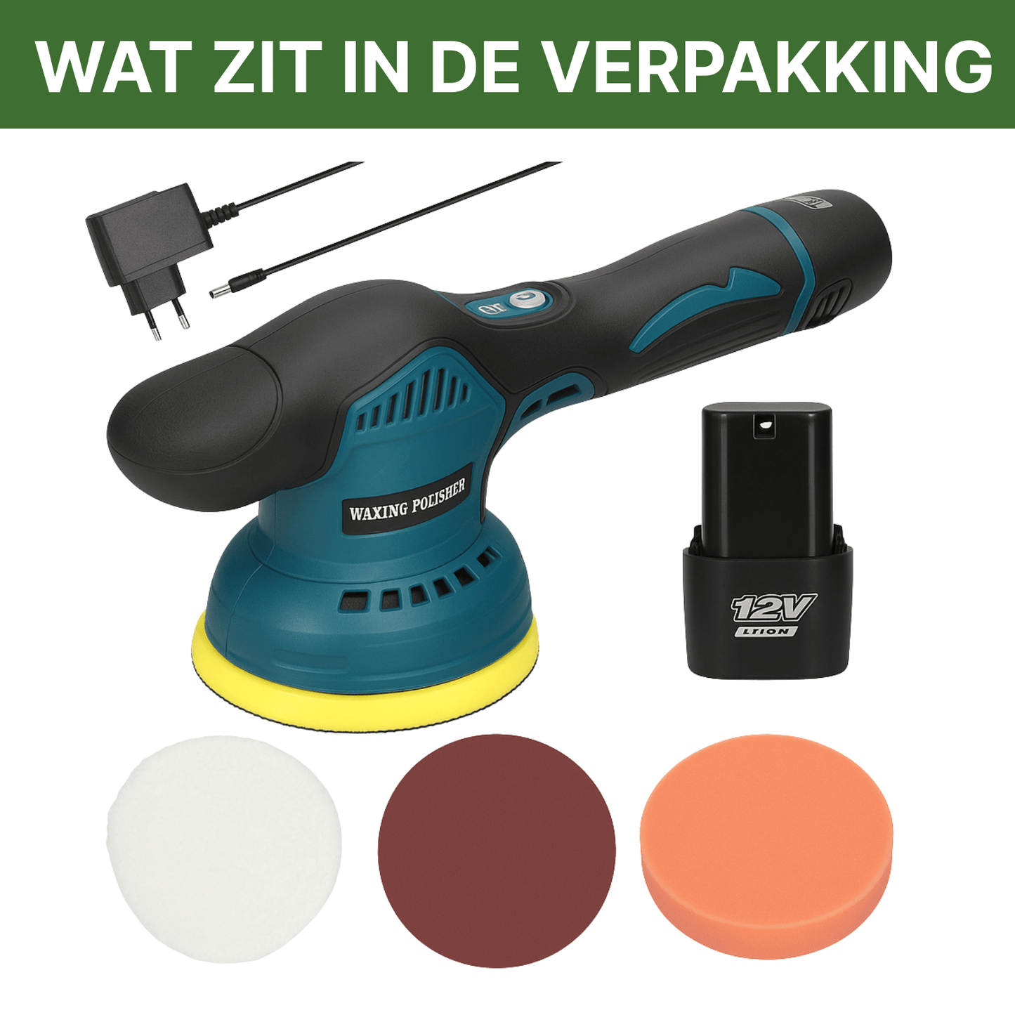 Inhoud van de ShinePro verpakking met polijstmachine, 12V accu, oplader en drie verschillende polijstpads.