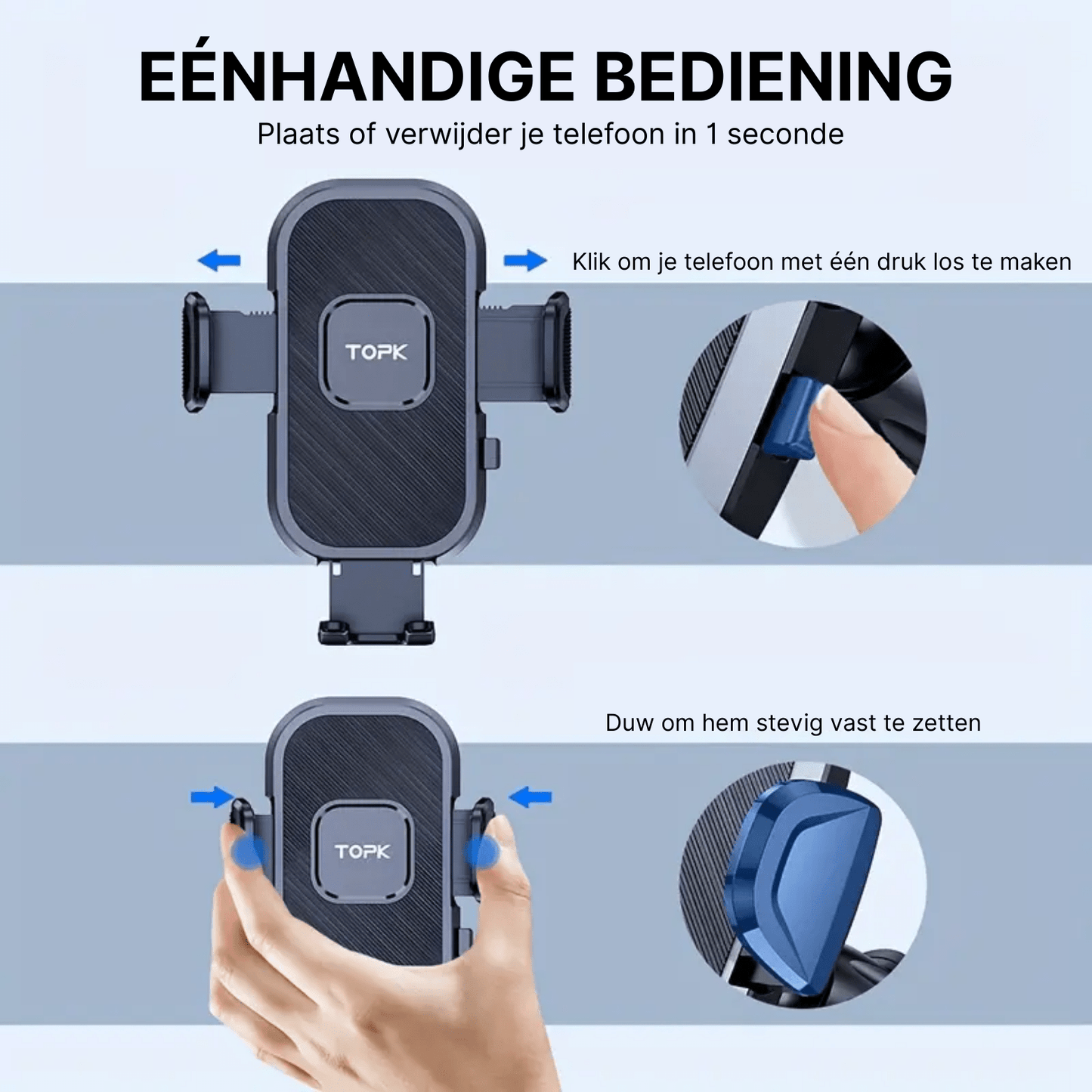 Zwarte Topk™ telefoonhouder met éénhandige bediening, getoond met drukknop en bevestigingsmechanisme.