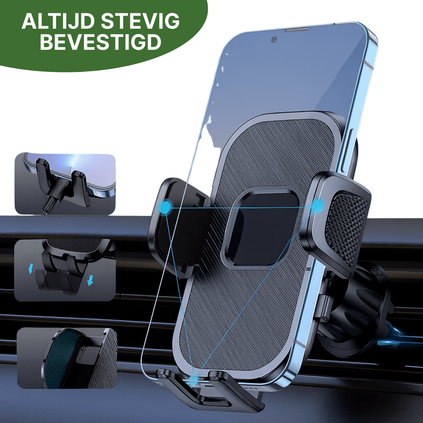 Topk™ telefoonhouder in zwart met stevige vergrendeling, gemonteerd op autoluchtrooster met smartphone.