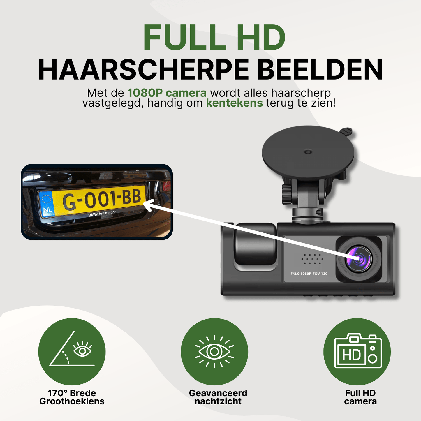Zwarte VisionTrack Pro dashcam met zuignap en groothoeklens, gemonteerd op voorruit.