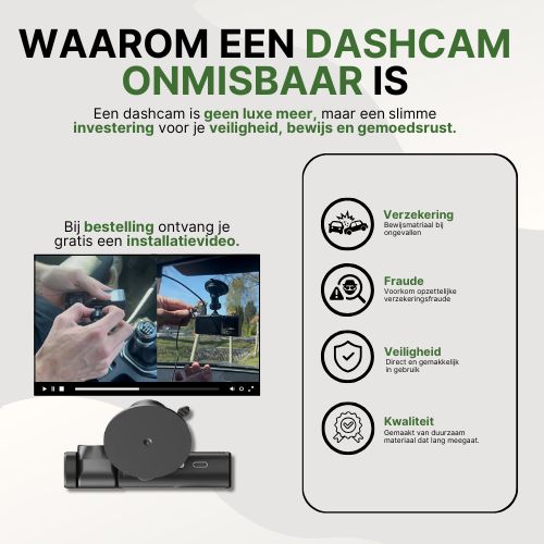 Waarom de VisionTrack Pro dashcam onmisbaar is: biedt bewijs bij ongelukken, voorkomt fraude, verhoogt veiligheid en wordt geleverd met gratis installatievideo.