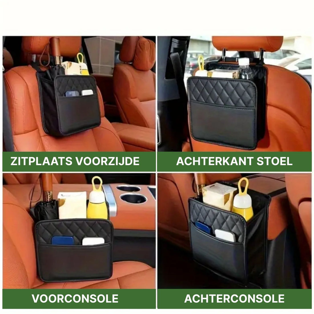 Organisateur de voiture en cuir noir utilisé sur siège avant, dossier, console avant et arrière.