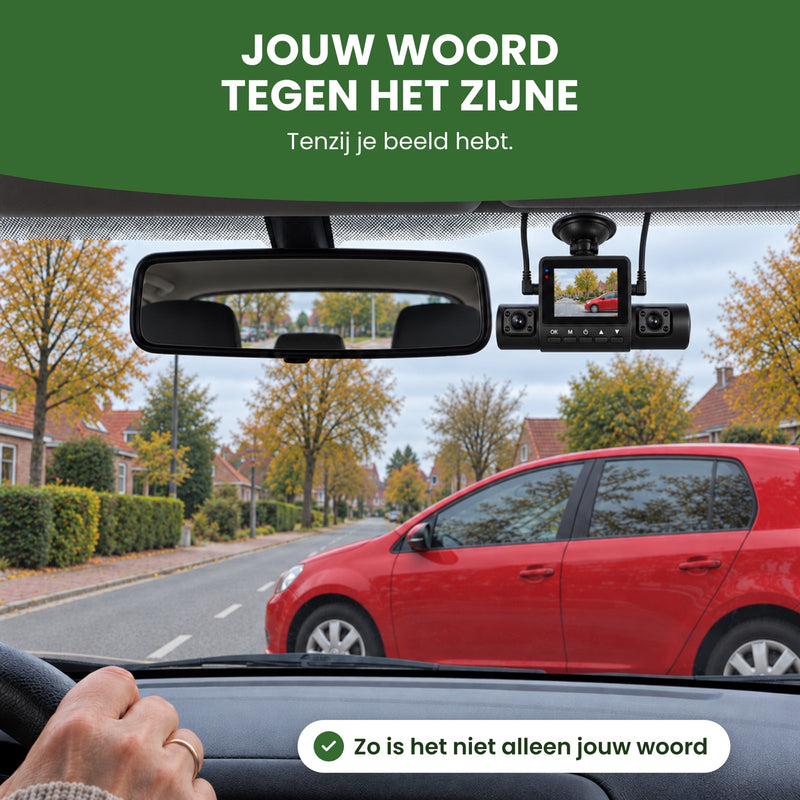 Die 360Guard Pro neben dem Innenspiegel zeigt das rote Auto, das quer vor dir steht: Dein Wort gegen seins, es sei denn, du hast es auf Video
