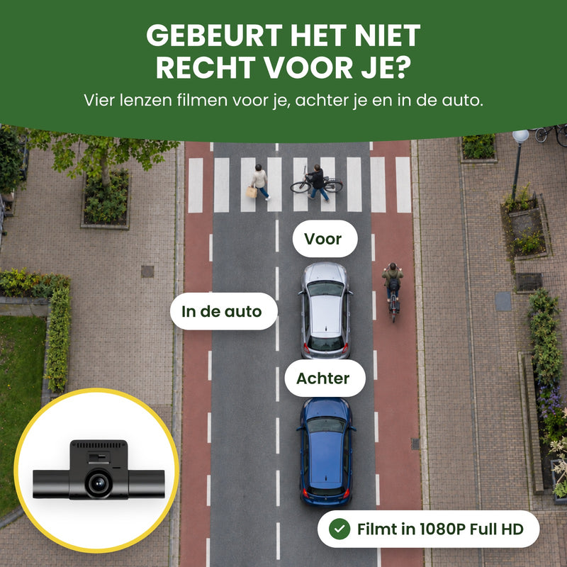 Ein Auto von oben vor dem Zebrastreifen, ein Auto dicht dahinter, ein Radfahrer daneben: Die vier Linsen der 360Guard Pro filmen vorne, hinten, innen