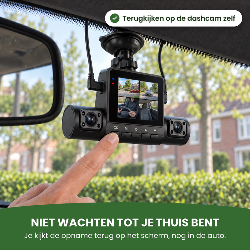 Im geparkten Auto liegt ein Finger auf der OK-Taste der 360Guard Pro; das Display zeigt vorne, hinten, Fahrer, Beifahrersitz. Wiedergabe noch im Auto