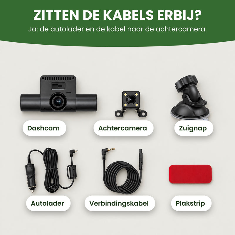 Das ist dabei: die 360Guard Pro Dashcam, Rückkamera, Saugnapf, Autoladegerät, Verbindungskabel und Klebestreifen. Die Kabel sind dabei