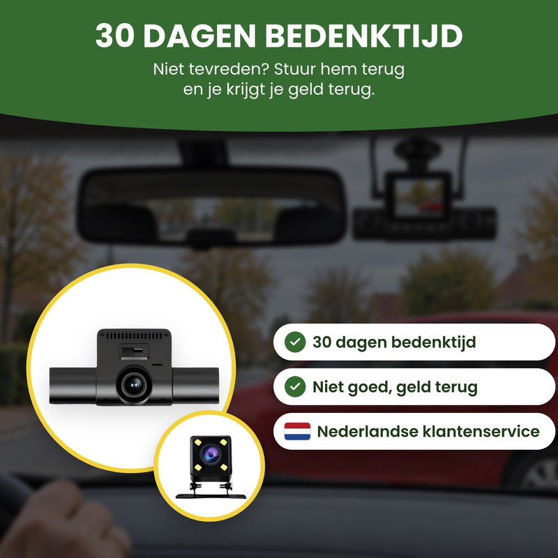 360Guard Pro Dashcam mit Rückkamera: 30 Tage Rückgaberecht, Geld zurück, wenn du nicht zufrieden bist, und Kundenservice auf Deutsch