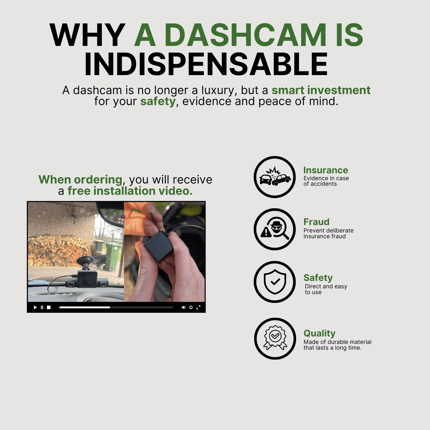 360Guard Pro Dashcam shown with free installation video offer, highlighting safety, fraud prevention, and reliable accident evidence.