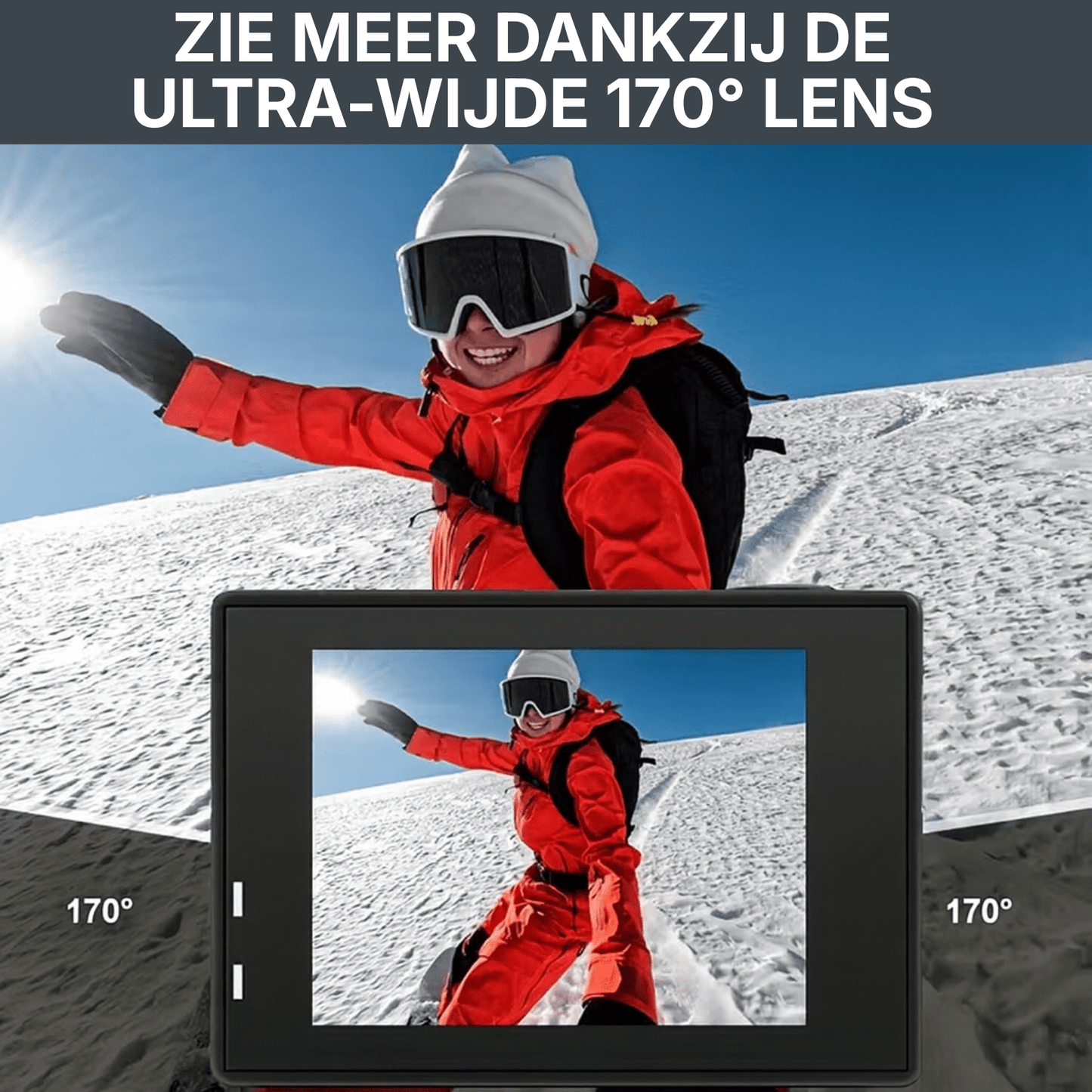 4K action camera met 170° groothoeklens tijdens wintersportopname