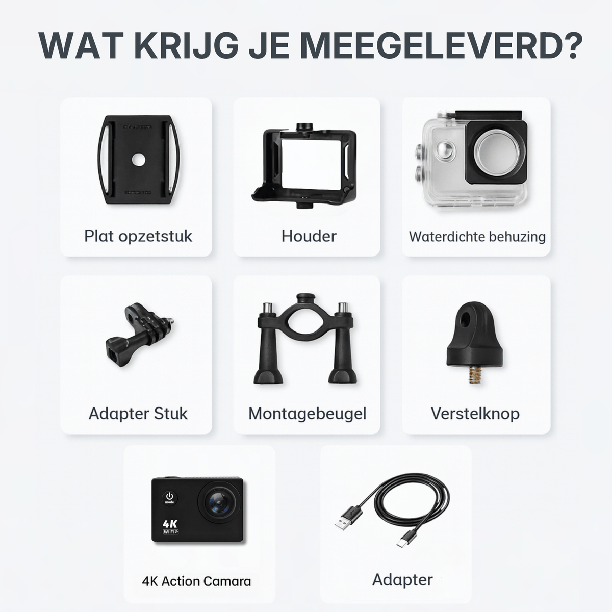 Mitgeliefertes Zubehör bei 4K Action-Kamera wie wasserdichtes Gehäuse und Montagezubehör.