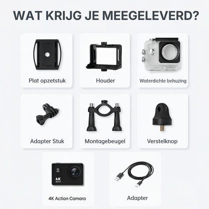 Meegeleverde accessoires bij 4K action camera zoals waterdichte behuizing en montageonderdelen.