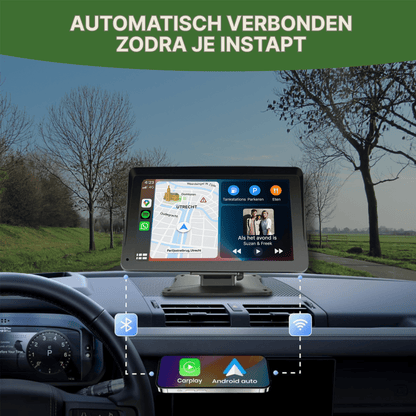 Drivemate 18 cm CarPlay en Android Auto scherm automatisch verbonden via Bluetooth en WiFi – navigatie naar Utrecht en muziekbediening vanaf dashboard display