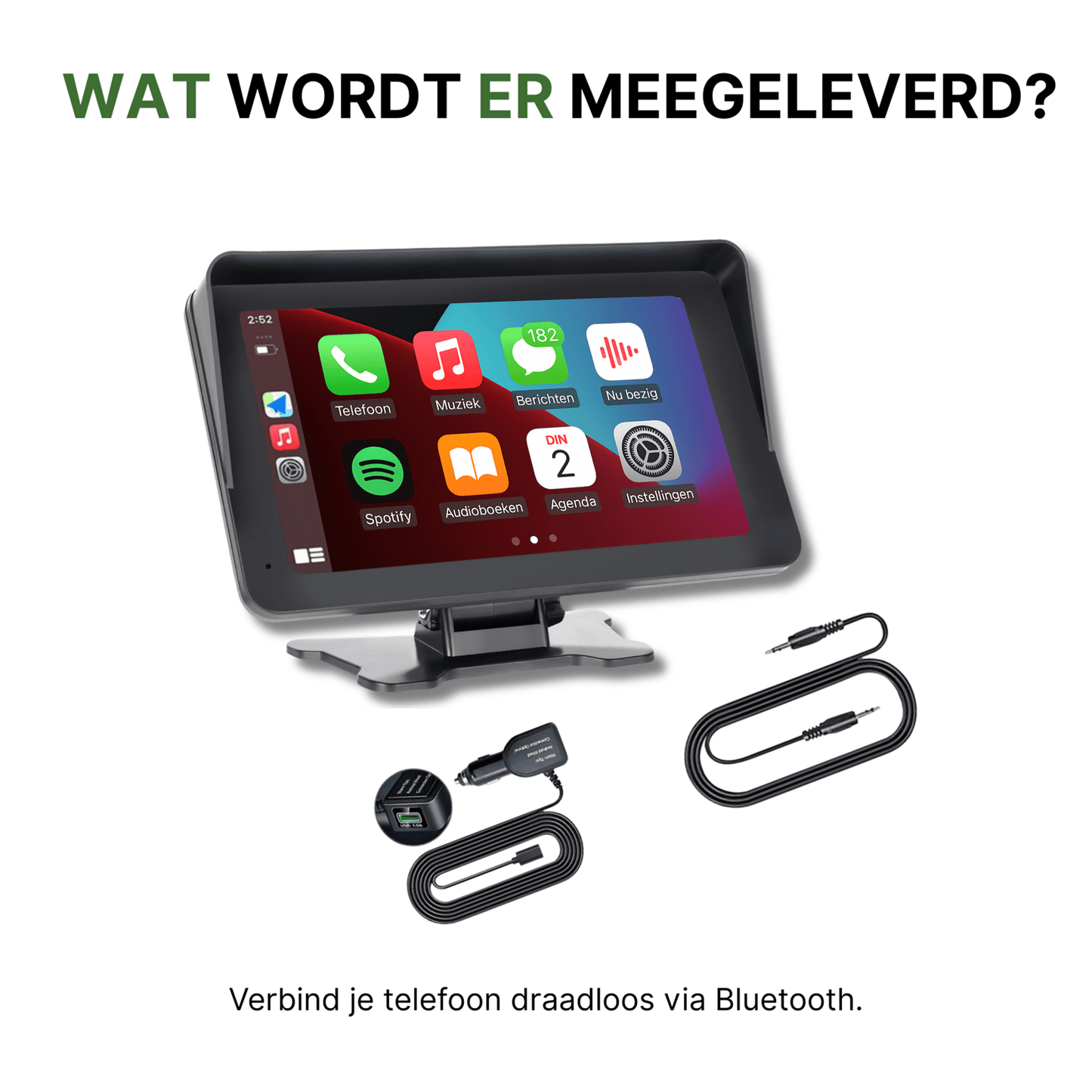Drivemate 18 cm CarPlay en Android Auto scherm inclusief autolader, voeding, AUX-kabel en USB-kabel – draadloos verbinden via Bluetooth