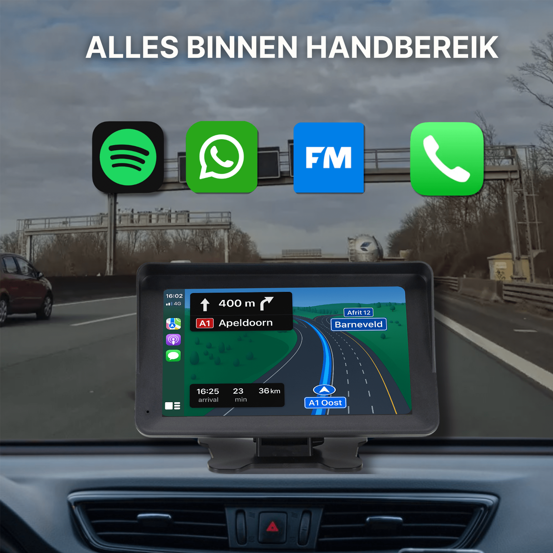 Drivemate 18 cm CarPlay en Android Auto scherm met navigatie naar Apeldoorn – Spotify, WhatsApp, FM-radio en telefoonfuncties direct binnen handbereik – dashboard display voor iPhone en Android