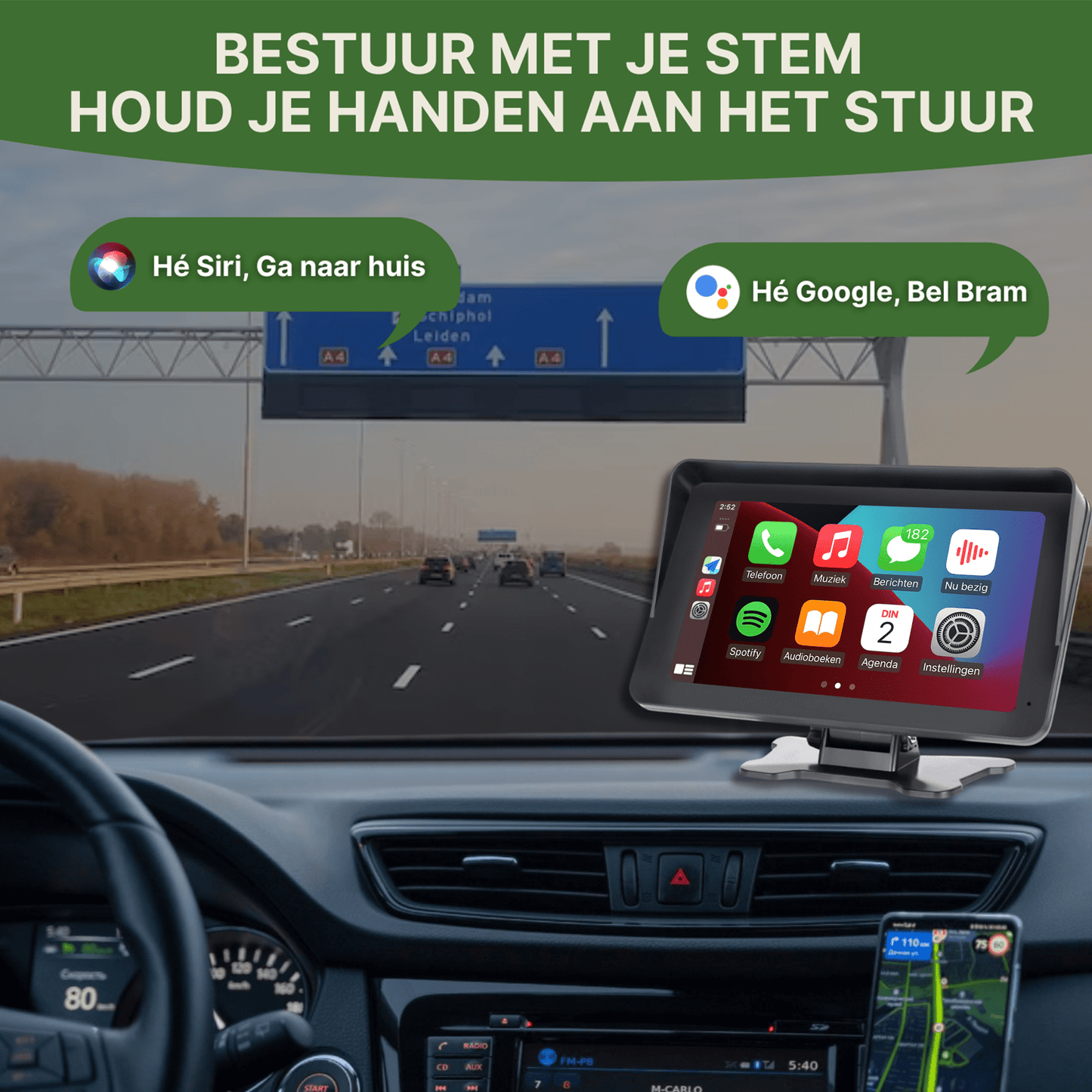 Drivemate 18 cm CarPlay en Android Auto scherm met spraakbesturing via Siri en Google Assistant – bestuur veilig zonder handen van het stuur te halen
