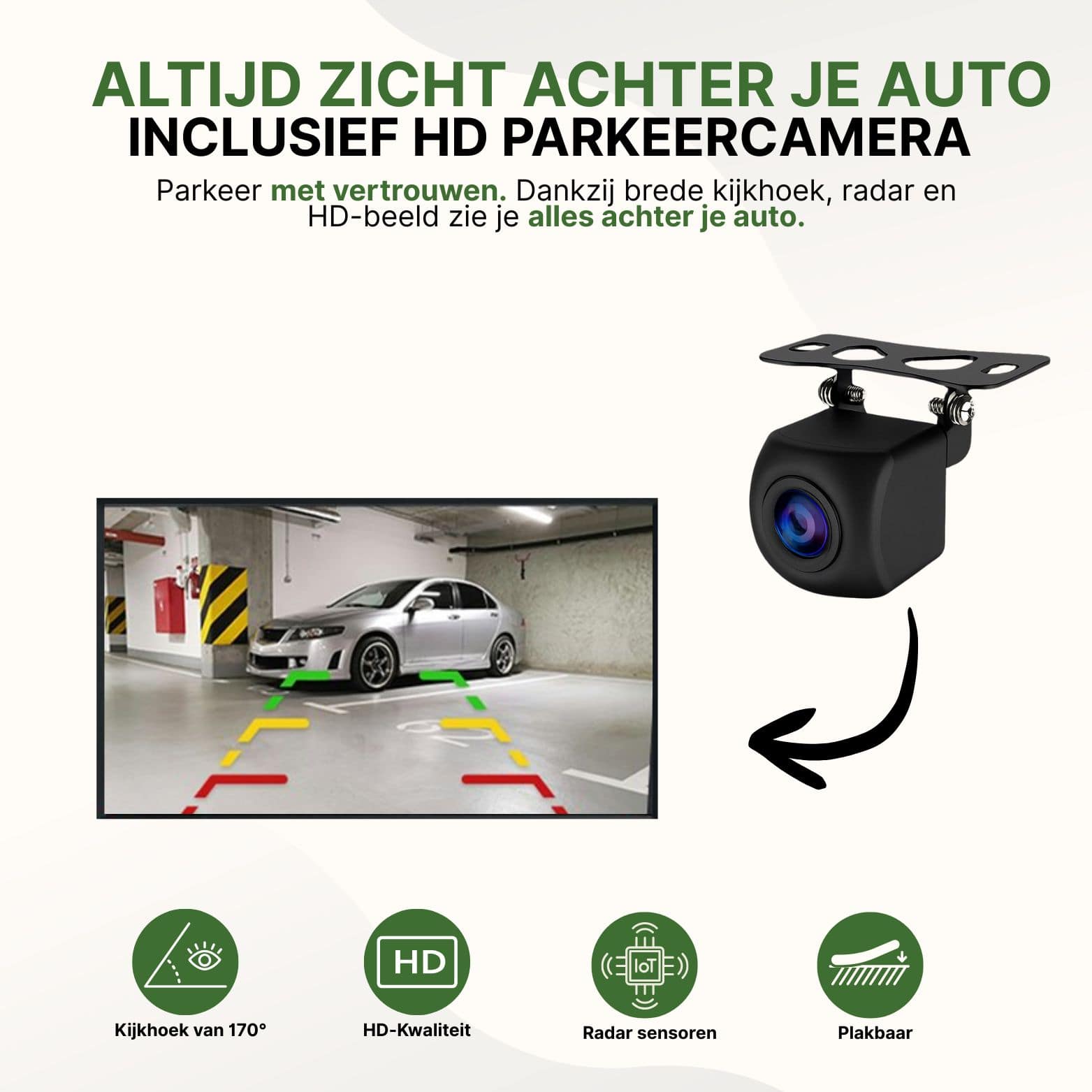 Drivemate HD achteruitrijcamera met brede kijkhoek van 170 graden, radar sensoren en plakbare montage – parkeer met vertrouwen en volledig zicht achter je auto