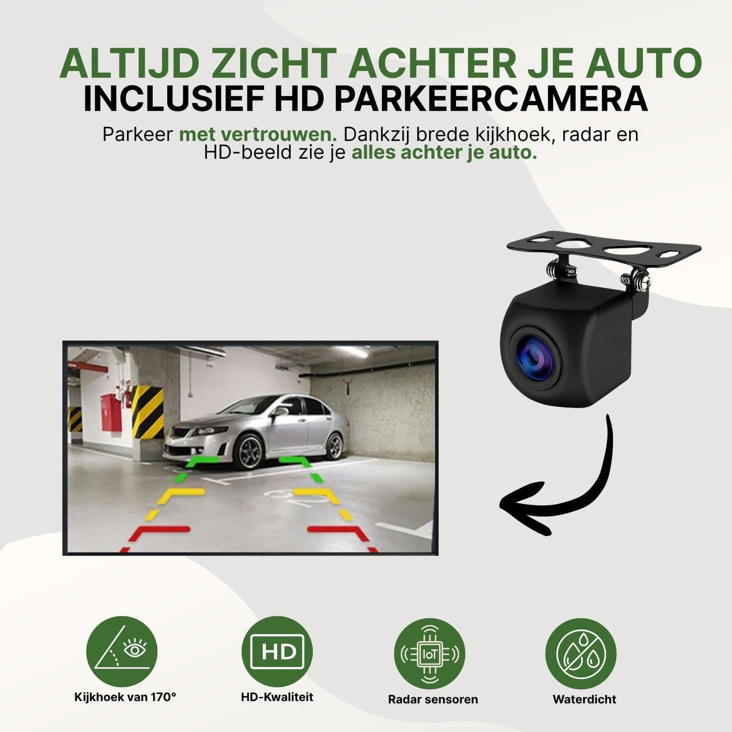HD parkeer- en achteruitrijcamera met 170 graden kijkhoek, radar sensoren en HD-beeld – compatibel met Navion One CarPlay scherm voor veilig en eenvoudig achteruit parkeren.