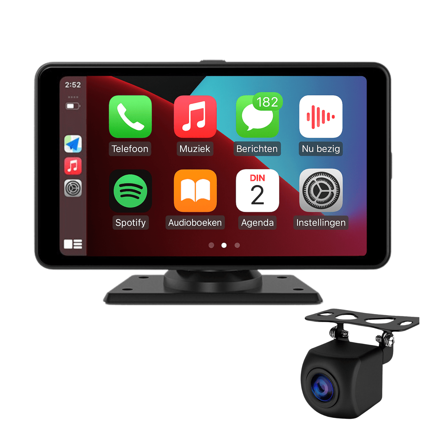 7-inch Navion One CarPlay scherm met draadloze Apple CarPlay en Android Auto, inclusief achteruitrijcamera – ideaal voor handsfree bellen, navigatie en multimedia in de auto.