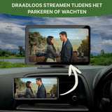 Navion One kabelloser CarPlay-Bildschirm zeigt Videostreaming vom Smartphone während des Parkens oder Wartens – perfekt für Filme und Serien unterwegs.