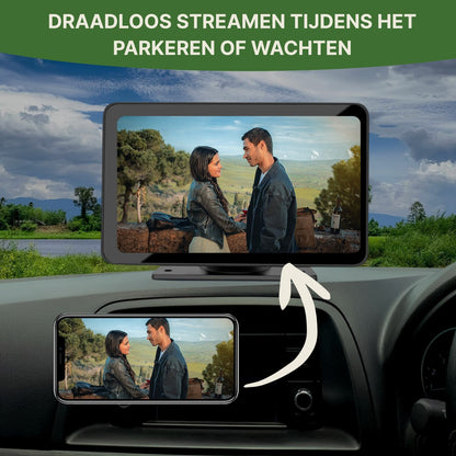 Navion One draadloos CarPlay scherm toont videostreaming vanaf smartphone tijdens parkeren of wachten – perfect voor films en series onderweg.