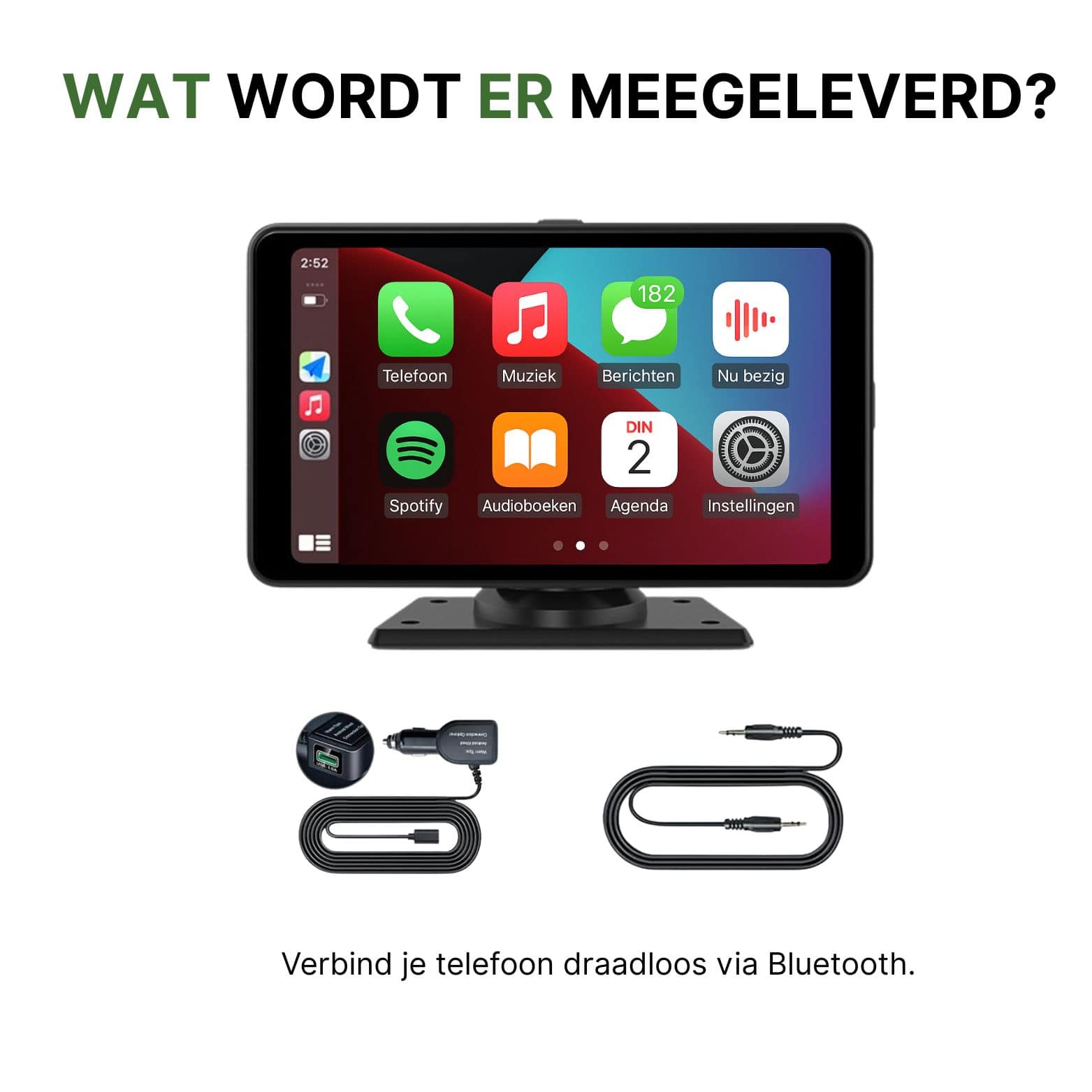 Navion One CarPlay scherm met meegeleverde accessoires: voedingsadapter, AUX-kabel en USB-kabel – verbind je telefoon draadloos via Bluetooth voor handsfree gebruik in de auto.