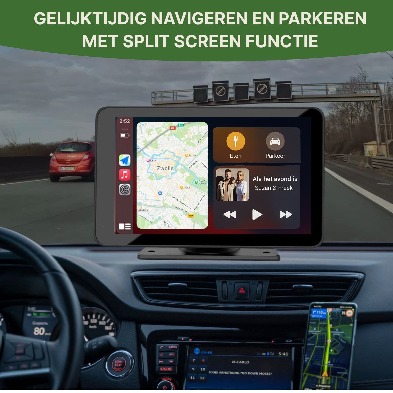 Navion One CarPlay scherm met split-screen functie – gelijktijdig navigeren via kaarten en parkeren met cameraweergave of mediaweergave, perfect voor multitasking tijdens het autorijden.