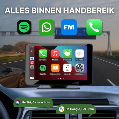 Navion One CarPlay scherm met spraakbesturing via Siri en Google Assistant, voor handsfree bellen, navigeren en muziek luisteren tijdens het rijden – ideaal voor gebruik met Spotify, WhatsApp en meer.