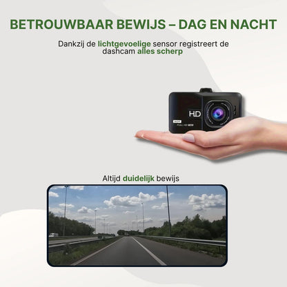 SafeVision Pro dashcam met heldere dag- en nachtopnames dankzij lichtgevoelige sensor en scherpe Full HD-beelden als bewijs.