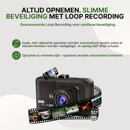 SafeVision Pro dashcam met geavanceerde loop recording voor automatische en continue beveiliging tijdens elke rit.