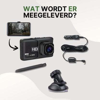 Wat wordt meegeleverd bij de SafeVision Pro dashcam: Full HD camera, zuignap, voedingskabel, montagetool en schermweergave.