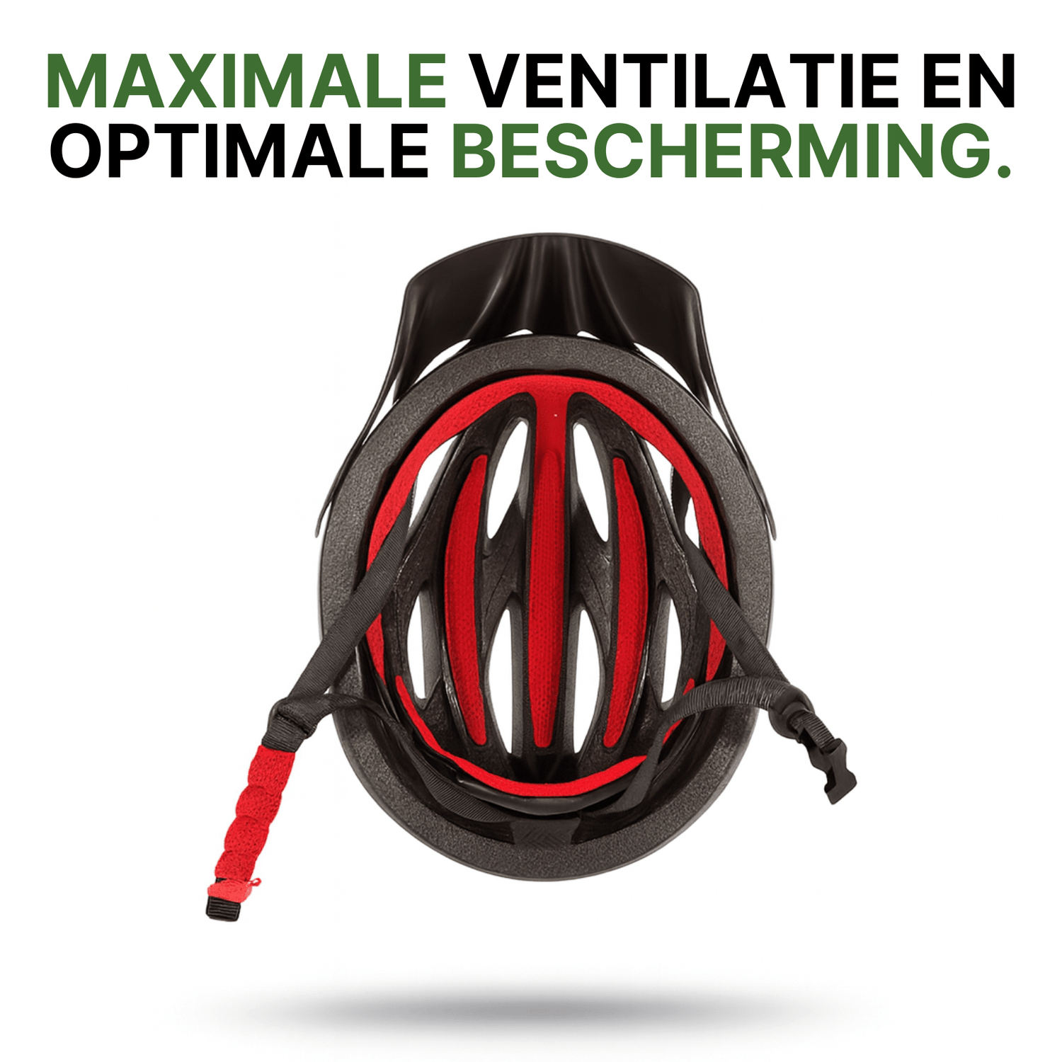 Binnenkant van AeroX fietshelm met rode voering en ventilatiekanalen voor comfort en maximale bescherming.