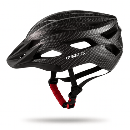 AeroX fietshelm met carbon look en rood kinbandje, lichtgewicht ontwerp met meerdere ventilatieopeningen.