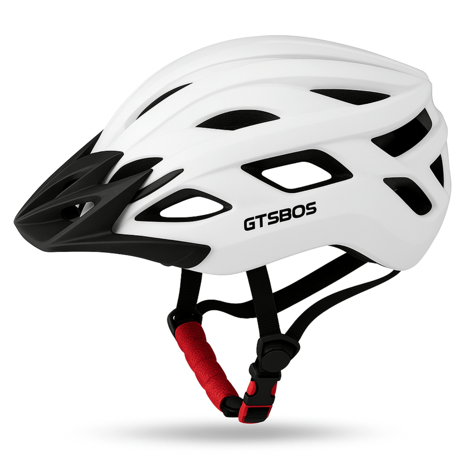 Witte AeroX fietshelm van GTSBROS met zwart vizier en rood kinbandje voor optimale ventilatie en comfort.