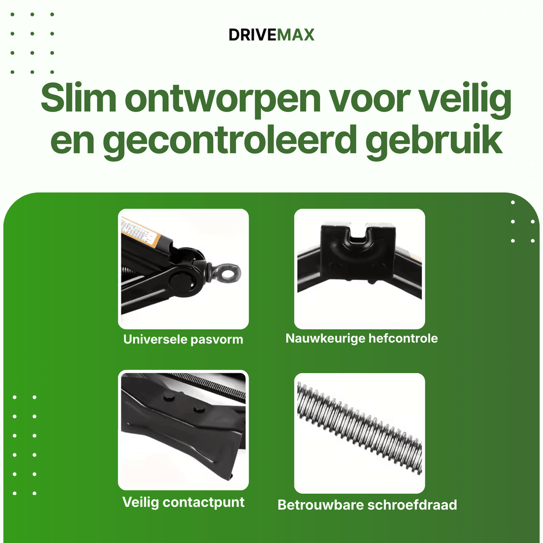 Detailansichten eines schwarzen Scherenwagenhebers mit Auflagepunkt, Gewinde und Hebemechanismus.