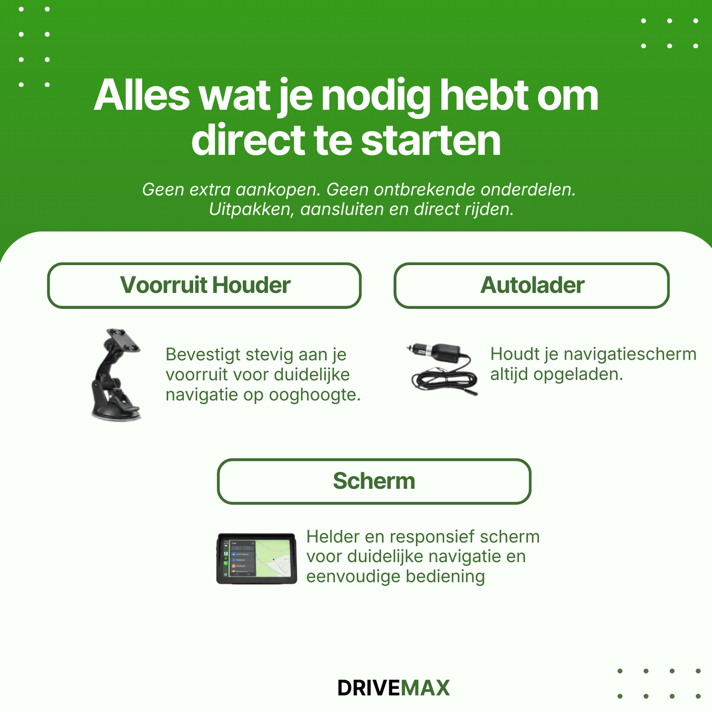Complete auto navigatie set met GPS scherm, voorruithouder en autolader voor eenvoudige installatie en direct gebruik in de auto.