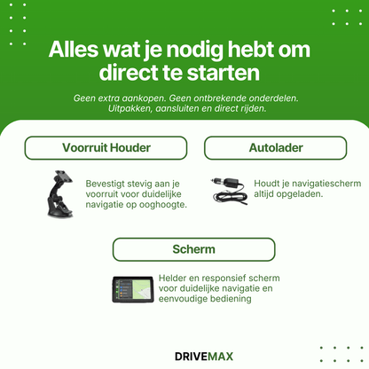 Complete auto navigatie set met GPS scherm, voorruithouder en autolader voor eenvoudige installatie en direct gebruik in de auto.