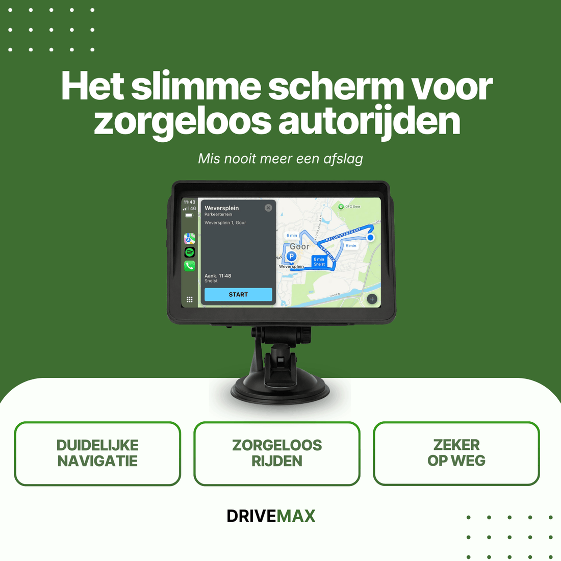 Auto navigatie met groot touchscreen en dashboardhouder die duidelijke routebegeleiding toont voor veilig en zorgeloos autorijden.