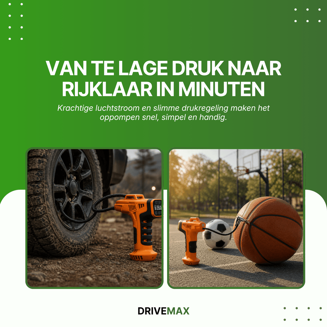Hand die de bandenpomp bedient via de instelknop voor gewenste luchtdruk