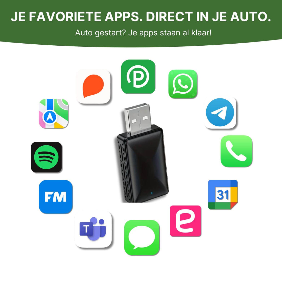 CarVizio-Adapter zeigt Kompatibilität mit beliebten Apps wie Spotify, WhatsApp, Apple Maps und Google Kalender über Apple CarPlay und Android Auto.