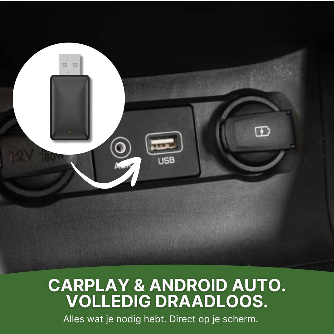 CarVizio USB-Adapter im Auto eingesteckt – kabellose Verbindung mit Apple CarPlay und Android Auto, ohne Kabel, direkt sichtbar auf dem Auto-Bildschirm.