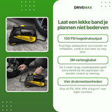 Bovenaanzicht compressor met drukmeter, slang en accessoires uitgestald