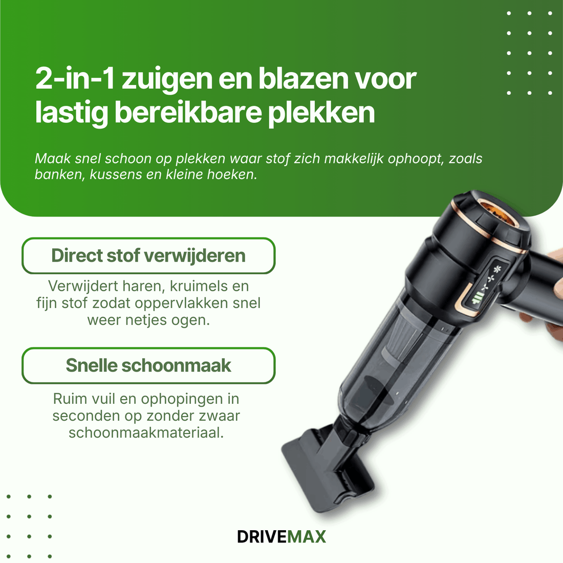 Kabelloser Handstaubsauger mit 2-in-1 Funktion zum Saugen und Blasen, ideal für Krümel, Staub und schwer erreichbare Stellen.