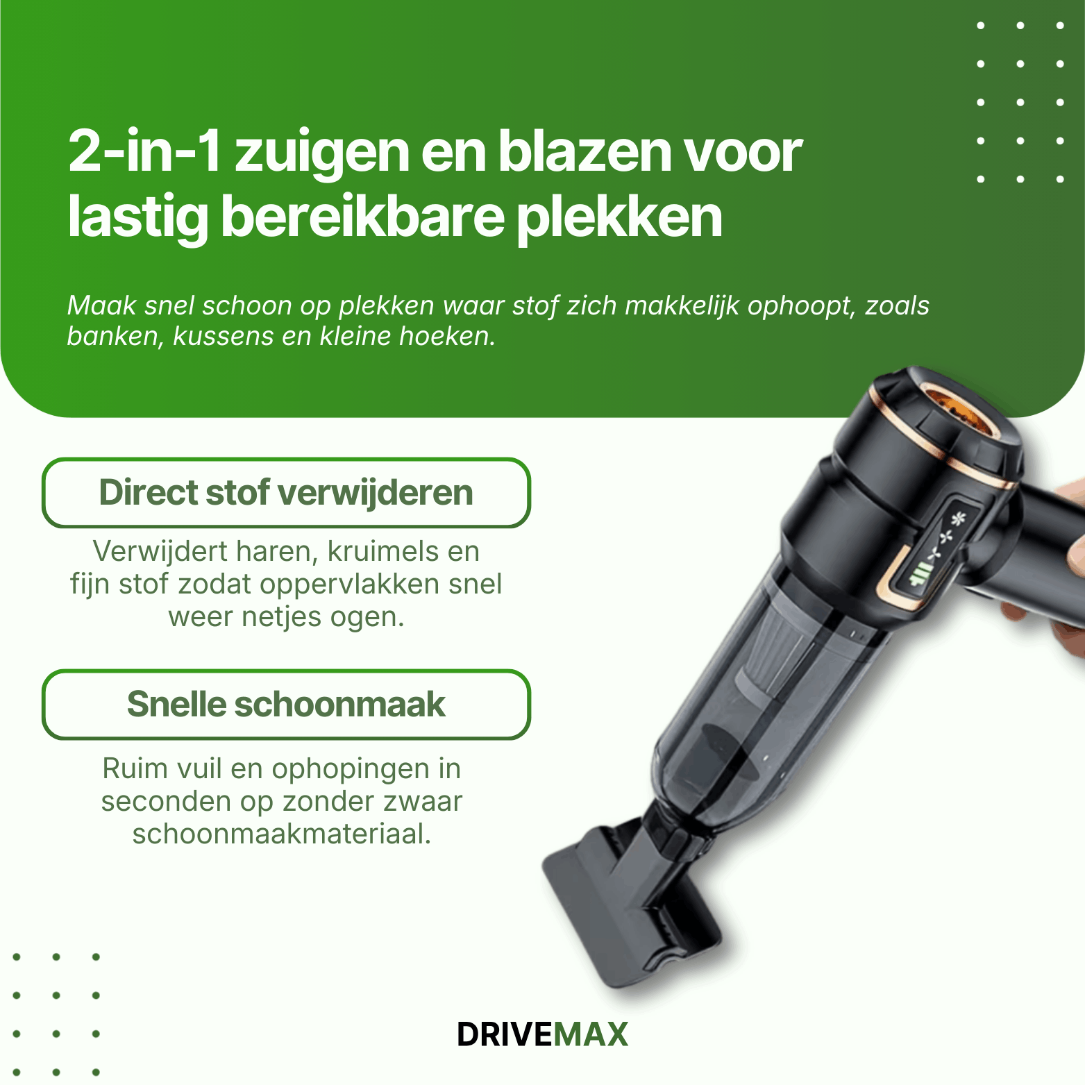 Kabelloser Handstaubsauger mit 2-in-1 Funktion zum Saugen und Blasen, ideal für Krümel, Staub und schwer erreichbare Stellen.