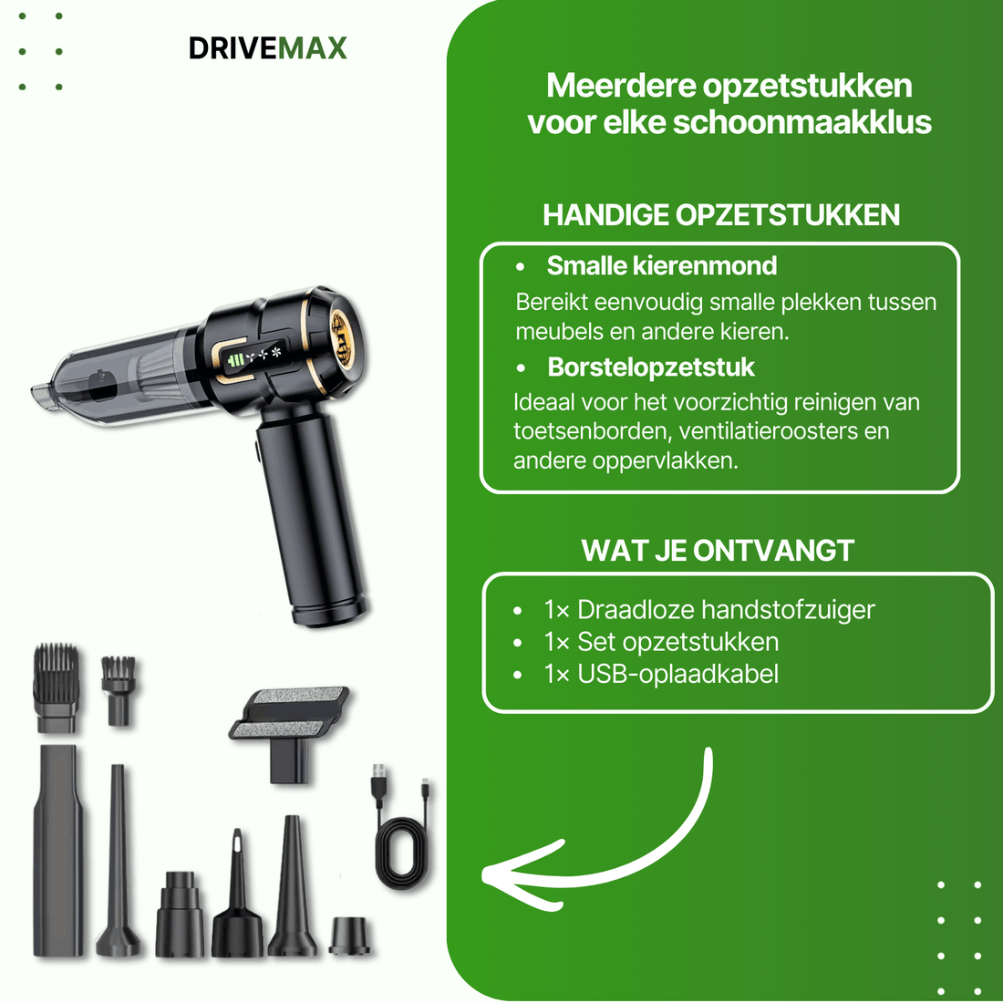 Kabelloser Handstaubsauger mit mehreren Aufsätzen, darunter Fugendüse und Bürstenaufsatz, für vielseitige Reinigung im Auto und Zuhause.
