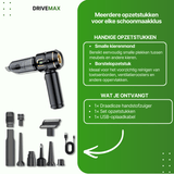 Kabelloser Handstaubsauger mit mehreren Aufsätzen, darunter Fugendüse und Bürstenaufsatz, für vielseitige Reinigung im Auto und Zuhause.