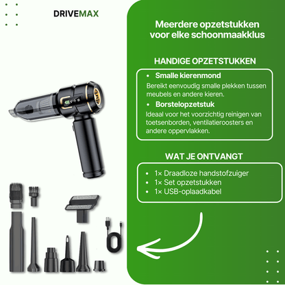 Kabelloser Handstaubsauger mit mehreren Aufsätzen, darunter Fugendüse und Bürstenaufsatz, für vielseitige Reinigung im Auto und Zuhause.