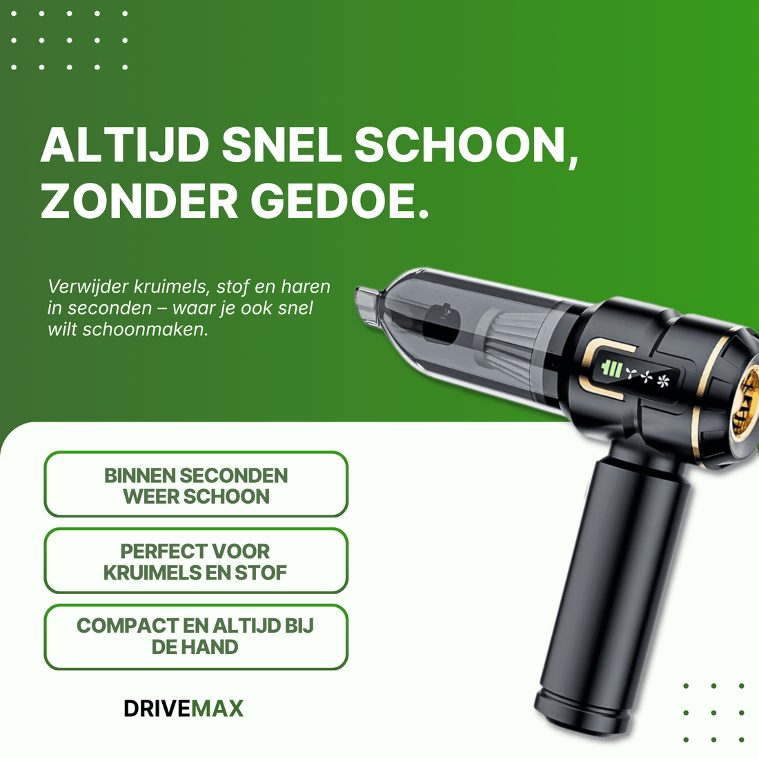 Kabelloser Handstaubsauger für schnelle Reinigung von Krümeln, Staub und Haaren mit kompaktem und ergonomischem Design.