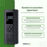 Schwarzer tragbarer Luftkompressor mit digitaler Anzeige neben Text über Reifen in Sekunden aufpumpen.